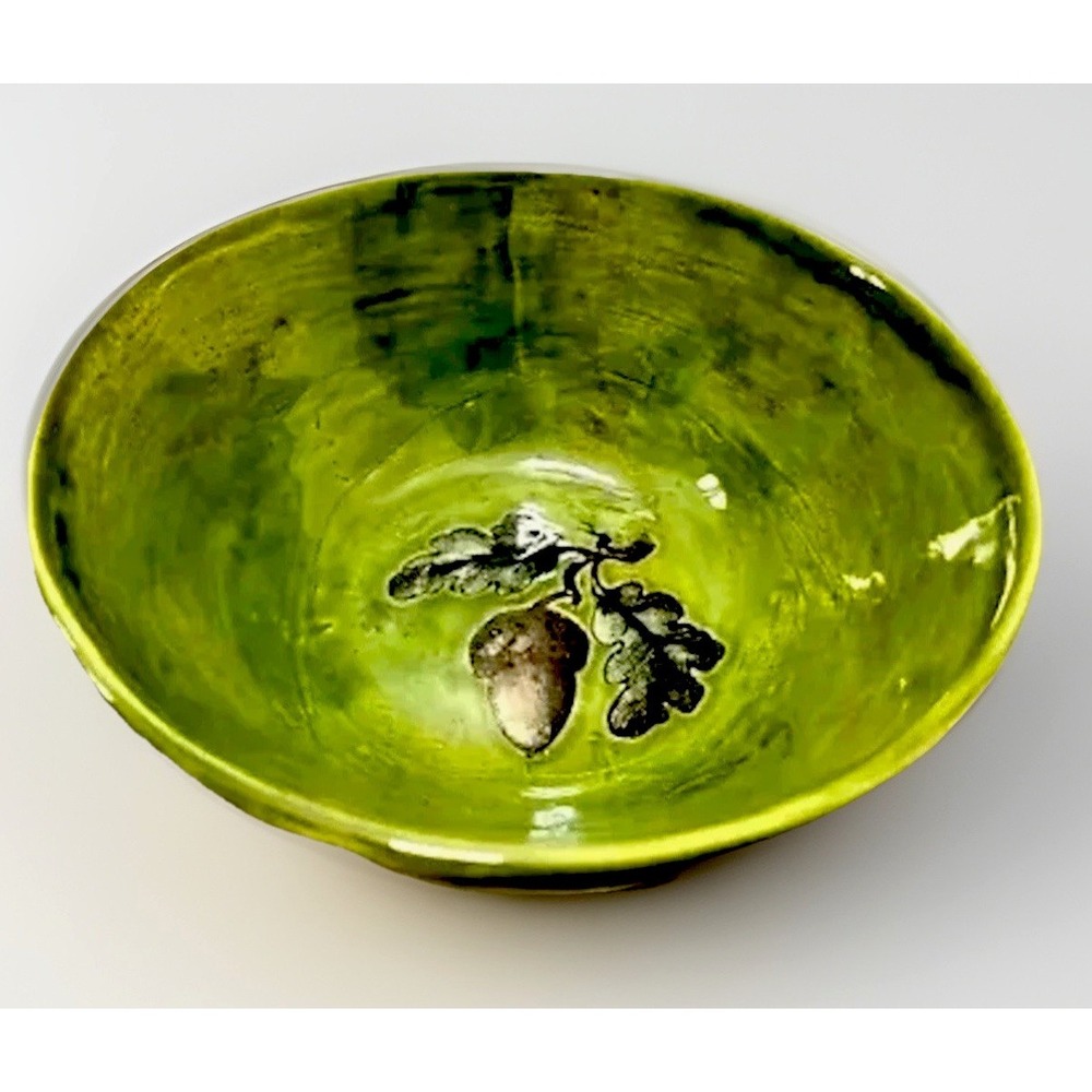 VTG Art Studio Bowl MCM Whimsy Deco Acorn Green Wanderlust RI US OOAK 5" Ceramic